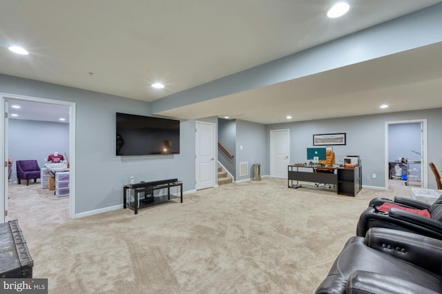 living room with light carpet