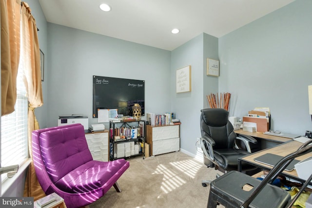 home office featuring light carpet