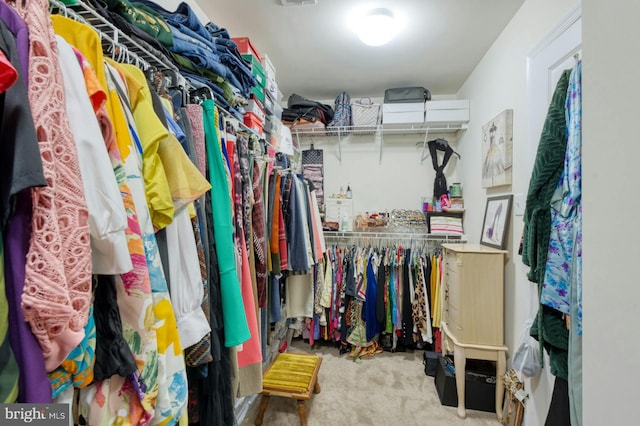 walk in closet with light carpet