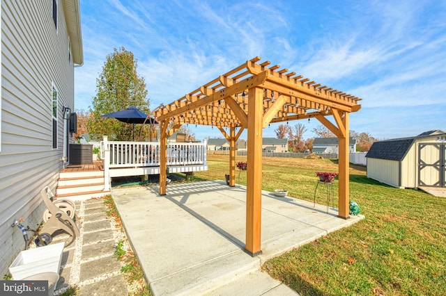 view of patio / terrace featuring a pergola, cooling unit, a shed, and a deck