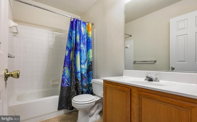 full bathroom featuring tile patterned flooring, shower / bath combination with curtain, vanity, and toilet