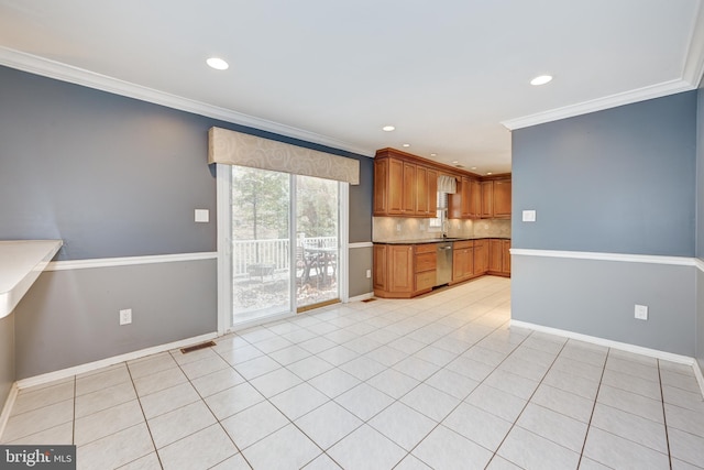 kitchen with backsplash, sink, stainless steel dishwasher, ornamental molding, and light tile patterned floors