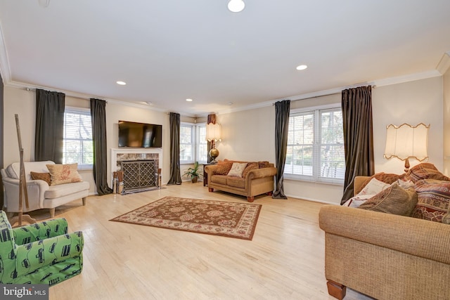 living room with light hardwood / wood-style floors, crown molding, and a wealth of natural light