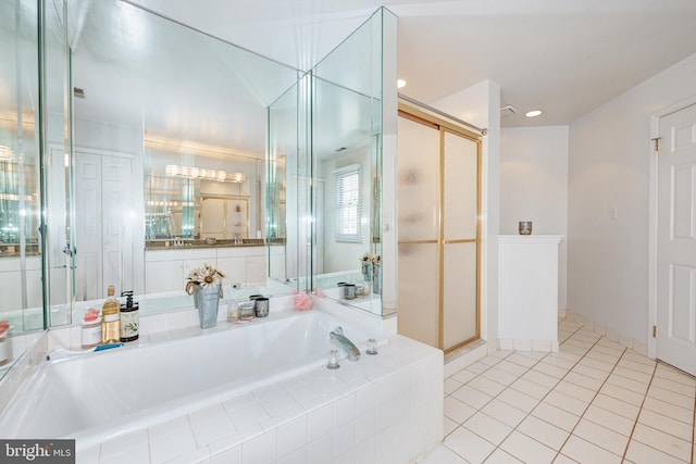 bathroom with tile patterned flooring and plus walk in shower