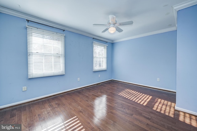 empty room featuring ceiling fan, ornamental molding, dark wood-type flooring, and a wealth of natural light