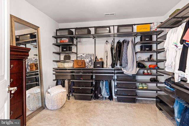 walk in closet featuring light carpet