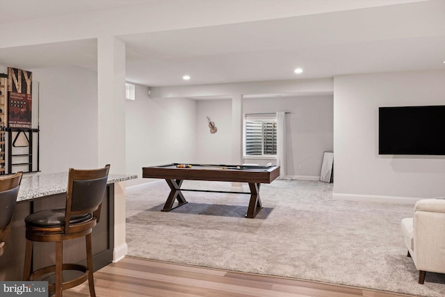 recreation room with recessed lighting, light carpet, baseboards, light wood finished floors, and billiards