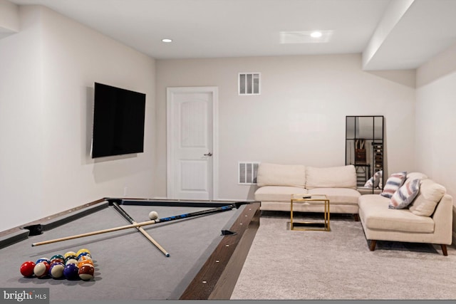 game room with carpet flooring and pool table