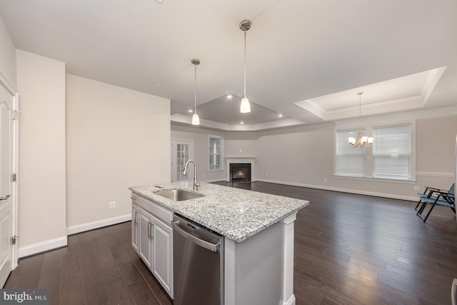 kitchen featuring stainless steel dishwasher, a raised ceiling, sink, and dark wood-type flooring