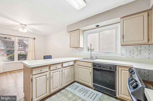 kitchen with dishwasher, electric stove, sink, tasteful backsplash, and kitchen peninsula