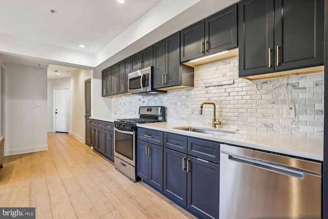 kitchen featuring appliances with stainless steel finishes, light wood-type flooring, tasteful backsplash, and sink