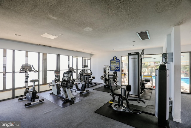 workout area featuring a healthy amount of sunlight and a textured ceiling