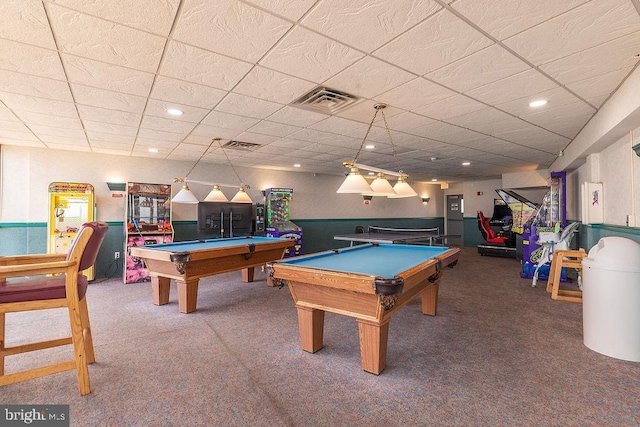 10900 Coastal Hwy Unit 915, Ocean City, MD 21842 - recreation room with billiards table, carpet floors, a drop ceiling, wainscoting, and recessed lighting