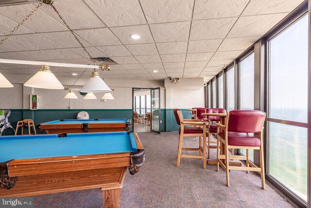 rec room featuring billiards, carpet floors, and a wealth of natural light