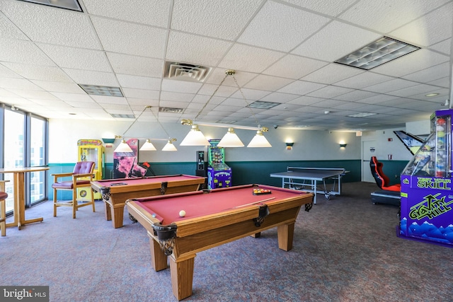 rec room with carpet flooring, a paneled ceiling, and billiards