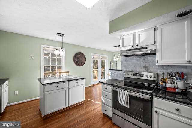 kitchen with pendant lighting, white cabinetry, stainless steel electric stove, and dark wood-type flooring