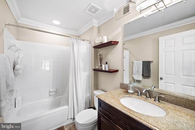 full bathroom with shower / bath combo with shower curtain, ornamental molding, toilet, and vanity