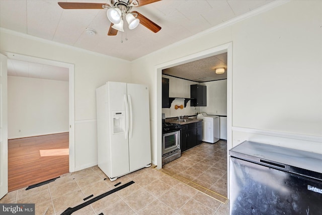 kitchen featuring ornamental molding, washer / dryer, electric stove, white fridge with ice dispenser, and light hardwood / wood-style floors