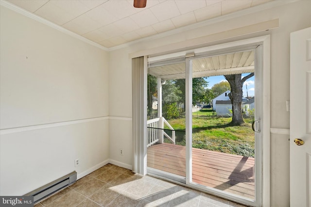 doorway to outside with light tile patterned floors, ceiling fan, baseboard heating, and ornamental molding