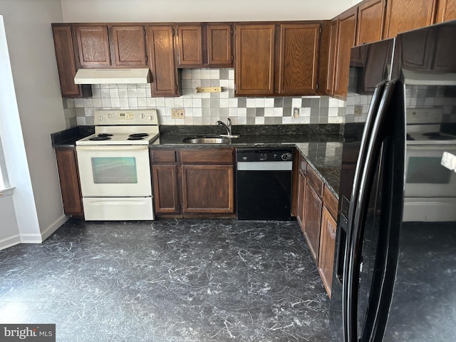 kitchen featuring dark stone counters, black appliances, sink, and tasteful backsplash