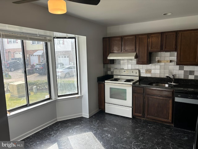 kitchen featuring dishwasher, sink, backsplash, dark brown cabinets, and white electric range