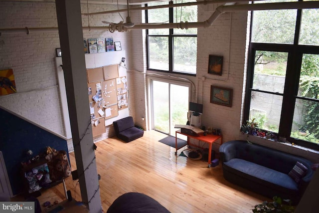 living room with wood-type flooring, a healthy amount of sunlight, and a high ceiling