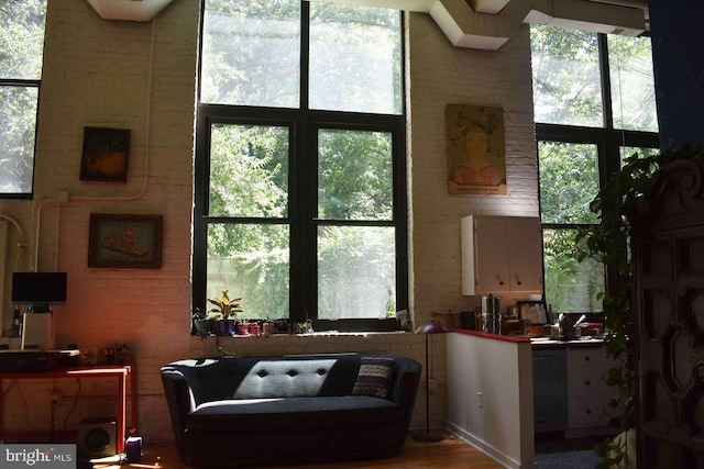 living room featuring hardwood / wood-style floors, a healthy amount of sunlight, and brick wall