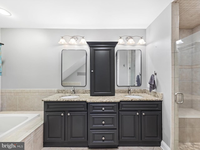 bathroom featuring tile patterned flooring, vanity, and independent shower and bath