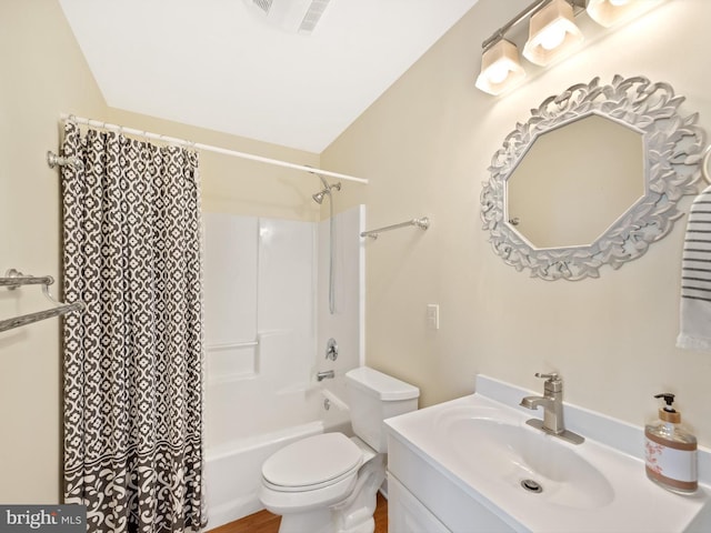 full bathroom with vanity, toilet, shower / tub combo, and vaulted ceiling