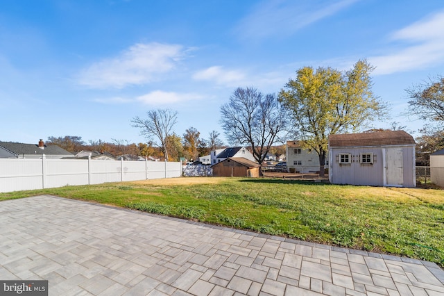 view of yard featuring a storage unit and a patio area