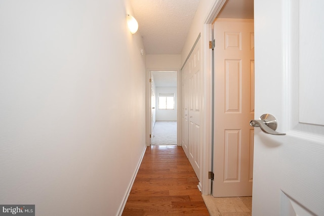 hallway featuring light hardwood / wood-style flooring and a textured ceiling