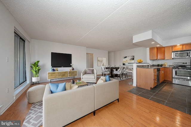 living room with sink, dark wood-type flooring, and a textured ceiling