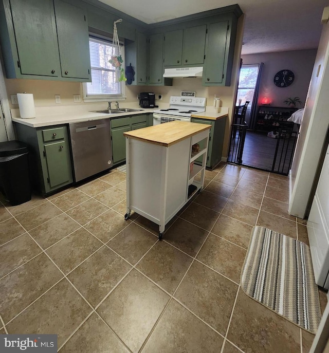 kitchen with dishwasher, white range with electric stovetop, dark tile patterned flooring, and sink