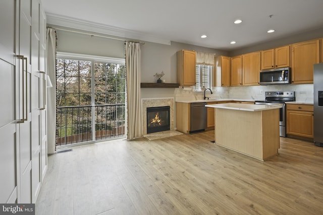 kitchen with stainless steel appliances, plenty of natural light, a sink, and light wood-type flooring