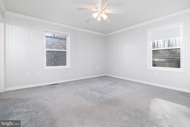 carpeted spare room with ceiling fan and crown molding