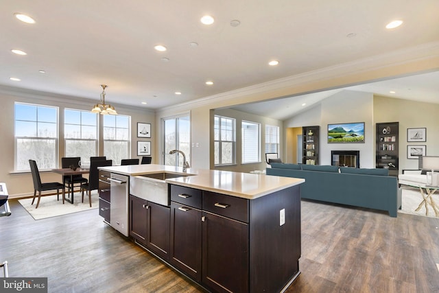 kitchen featuring sink, dark hardwood / wood-style floors, a kitchen island with sink, crown molding, and vaulted ceiling