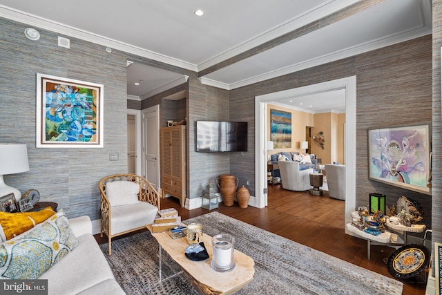 living room with dark hardwood / wood-style floors and ornamental molding