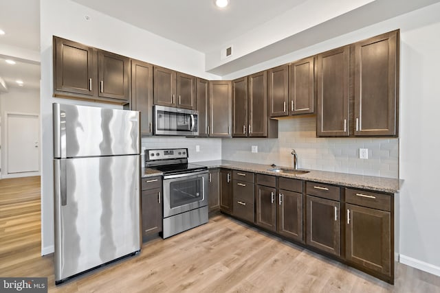 kitchen featuring decorative backsplash, appliances with stainless steel finishes, sink, and light hardwood / wood-style flooring