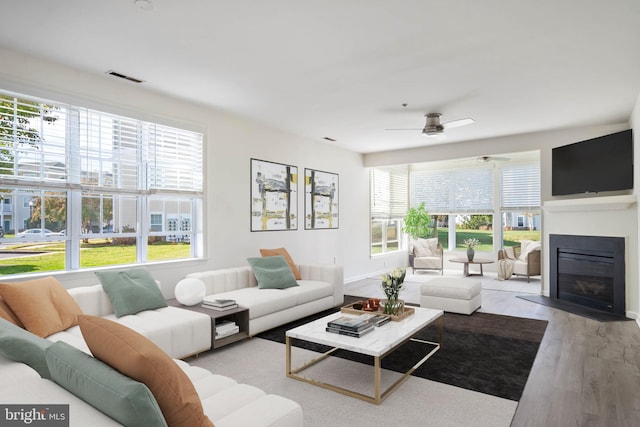 living room featuring light hardwood / wood-style floors, ceiling fan, and a healthy amount of sunlight