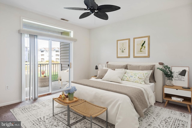 bedroom featuring access to outside, ceiling fan, and carpet floors