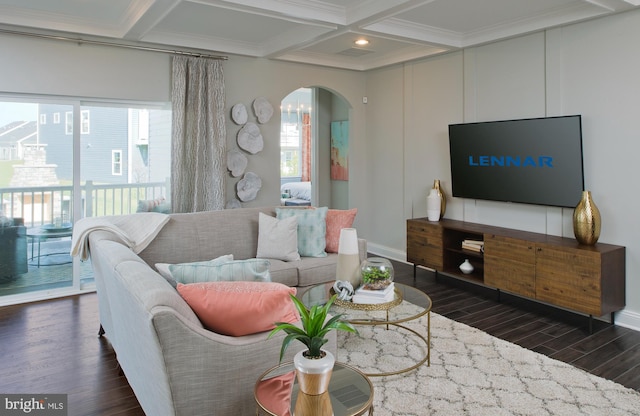 living room with dark hardwood / wood-style floors, beam ceiling, crown molding, and coffered ceiling