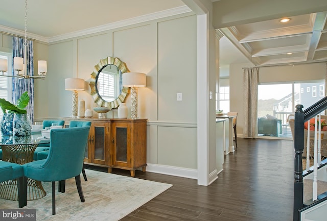 interior space with crown molding, a notable chandelier, dark hardwood / wood-style floors, beam ceiling, and coffered ceiling