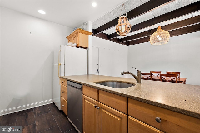 kitchen featuring stainless steel dishwasher, sink, dark hardwood / wood-style floors, and beam ceiling