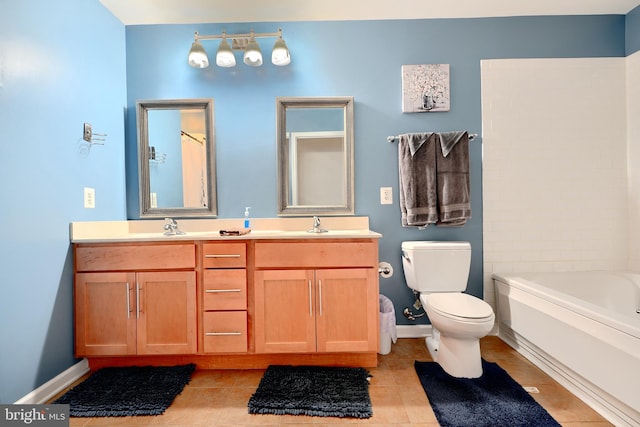 full bathroom with vanity, tile patterned floors, toilet, and shower / washtub combination