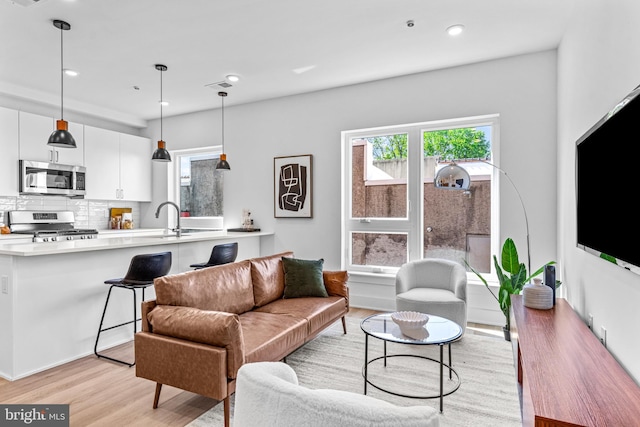 living room with sink and light hardwood / wood-style flooring