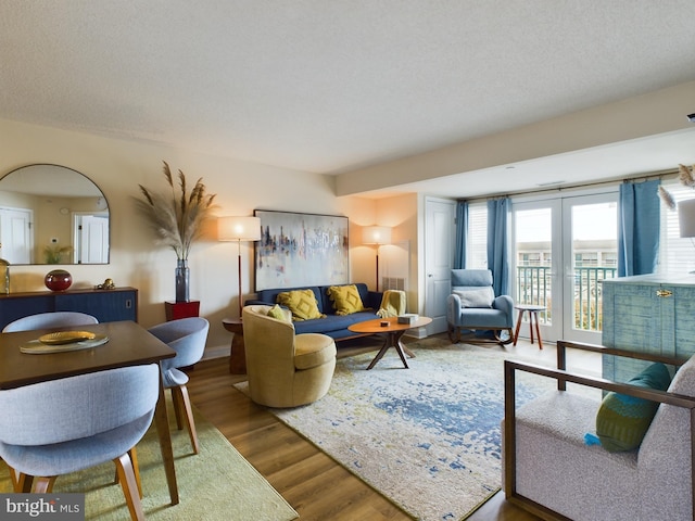 living room with wood-type flooring and a textured ceiling