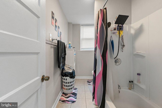 bathroom featuring shower / tub combo with curtain and tile patterned floors