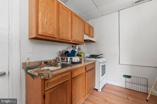 kitchen with light wood-type flooring, a paneled ceiling, sink, and white gas stove