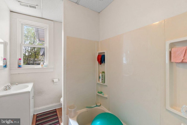 full bathroom featuring shower / washtub combination, vanity, and toilet