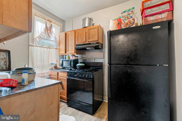 kitchen featuring light hardwood / wood-style flooring and black appliances